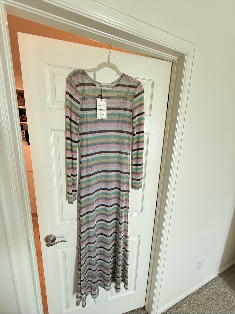Zara Striped Long Sleeve Maxi Dress in Pastel Pink and Green